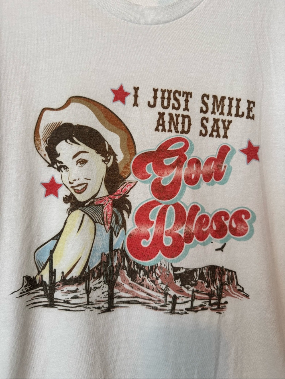 I Just Smile and Say God Bless Western Graphic Tee Cowgirl Desert Shirt - Picture 2 of 5